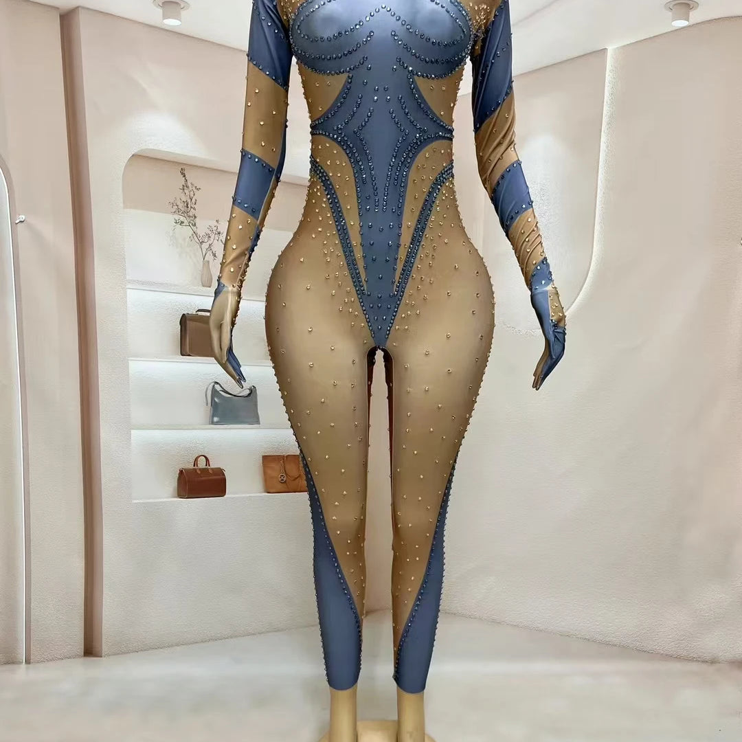 Sparkly Rhinestones Jumpsuit Gloves for Women Sexy Stretchy Performance Dance Costume Nightclub Jumpsuit Show Stage Wear Dudou