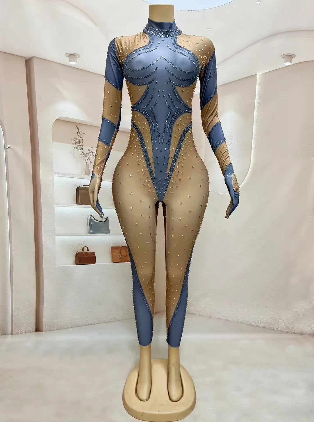 Sparkly Rhinestones Jumpsuit Gloves for Women Sexy Stretchy Performance Dance Costume Nightclub Jumpsuit Show Stage Wear Dudou