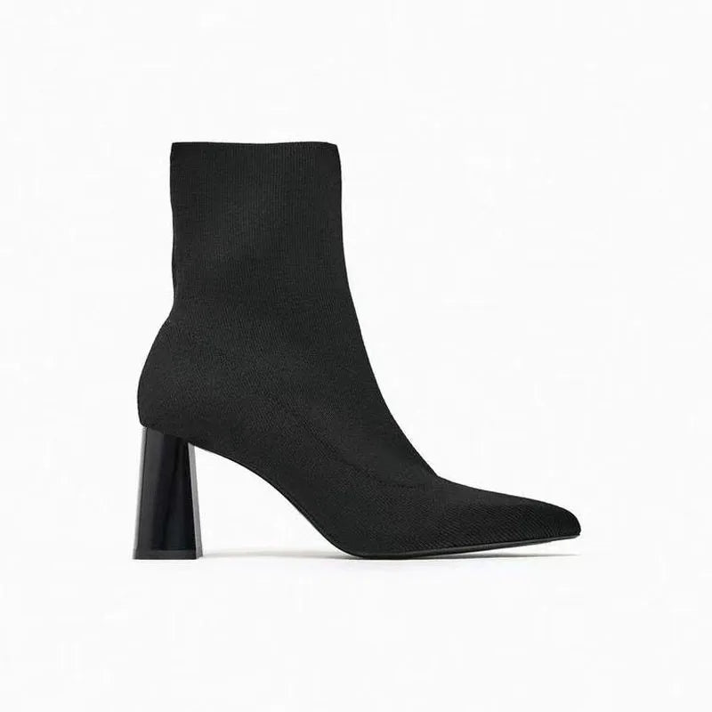 TRAF 2023 Black Boots Women Elast Ankle Boots Woman Autumn Short Boots Woman Heeled Shoes Knit Sexy Pointed Toe High Heels Shoe