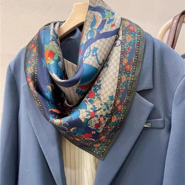 BYSIFA| New Grey Blue Silk Scarf Fashion Floral Design 70cm Square Scarves Fall Winter Neck Scarf Hijab Sweet Headband 65*65cm