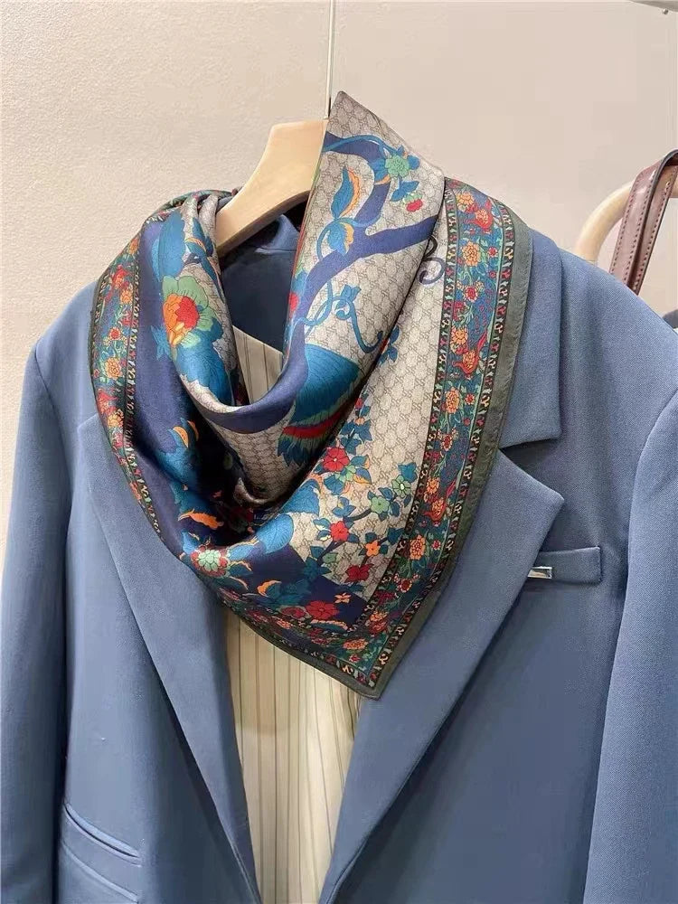 BYSIFA| New Grey Blue Silk Scarf Fashion Floral Design 70cm Square Scarves Fall Winter Neck Scarf Hijab Sweet Headband 65*65cm
