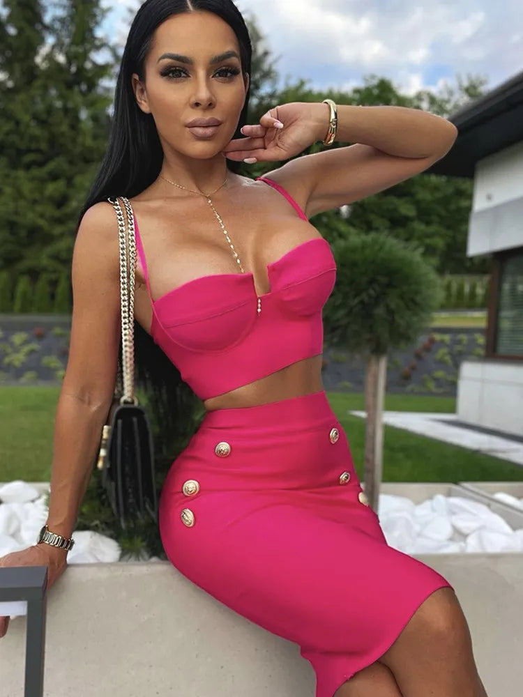 Women Summer Sexy Sleeveless V Neck Button Black Beige Hot Pink Mini Bodycon Bandage Set 2022 Elegant Evening Club Party Outfits Rose Red