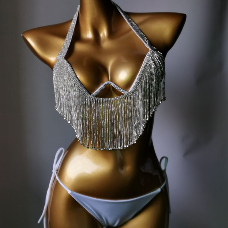 Sexy Push Up Gathered Bikini Luxury Crystal Diamond Women's Swimsuit High-End Rhinestone Tassel Triangle Swimwear White
