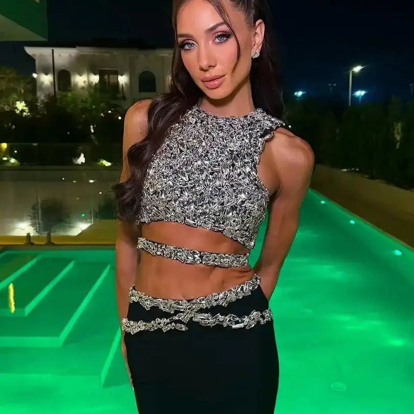 2025 Stylish Expose Wasit Woman Set Sparkling Diamonds Short Tank Top And Bandage Skirt 2 Pieces Birthday Party Vestido black