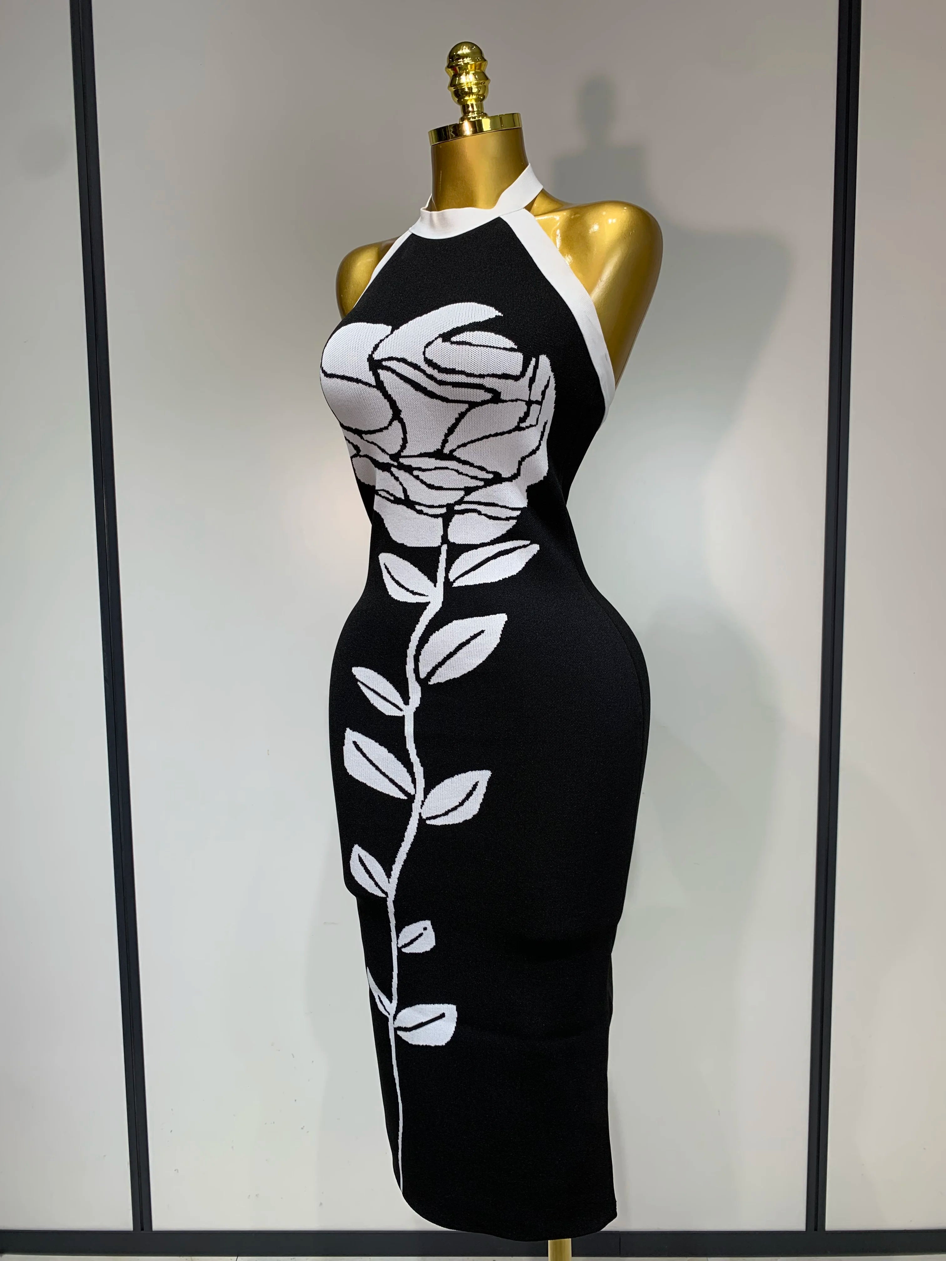 Women Fashion Celebrity Sexy Backless Rose Flower Midi Black Jacquard Bandage Dress 2025 Elegant Evening Club Party Dresses