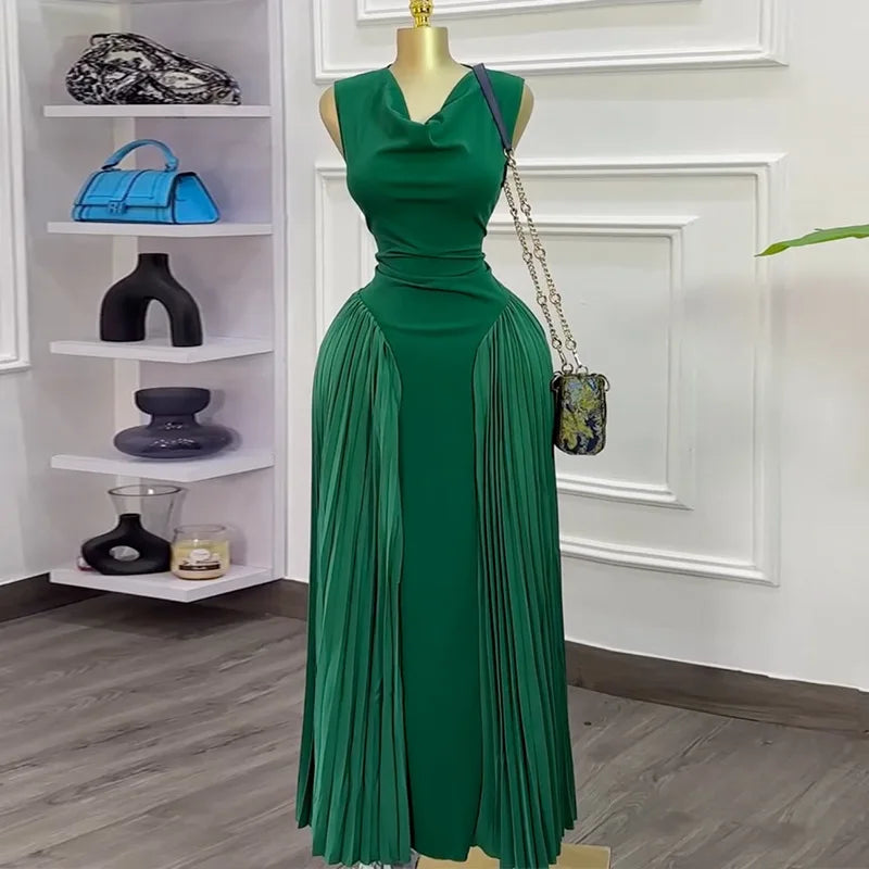 CM.YAYA 2025 Summer Elegant Sleeveless Sweet V-Neck Floor-Length Long Women Dress Beach Party Evening Sexy Pleated Dresses