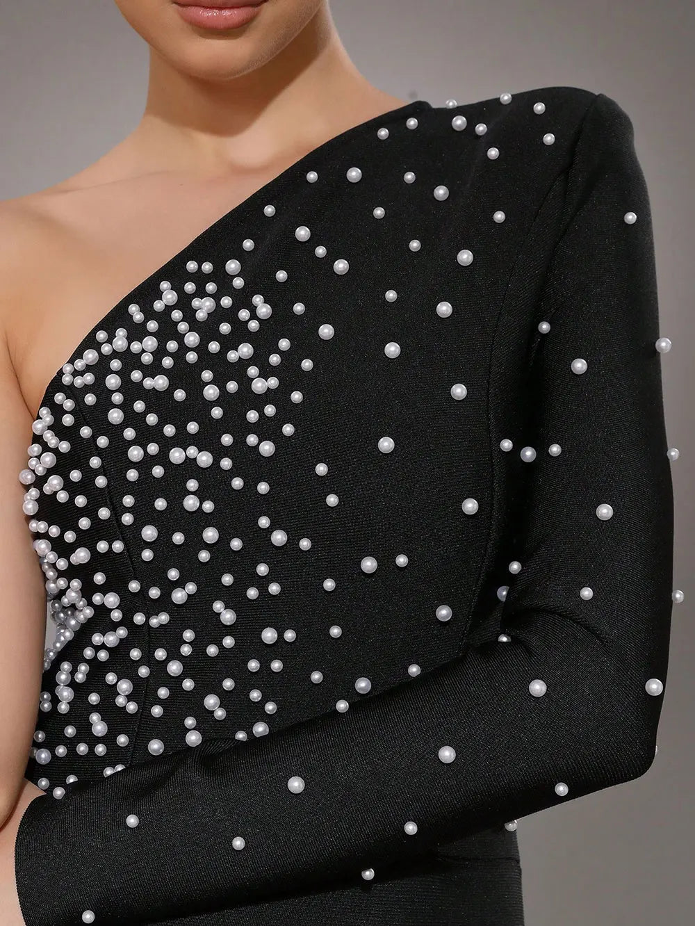 2025 Elegant Women Light Luxury Nail Bead Bandage Dress with Slant Neck Single Shoulder Sleeve Bodycon Black Long Dress Vestidos