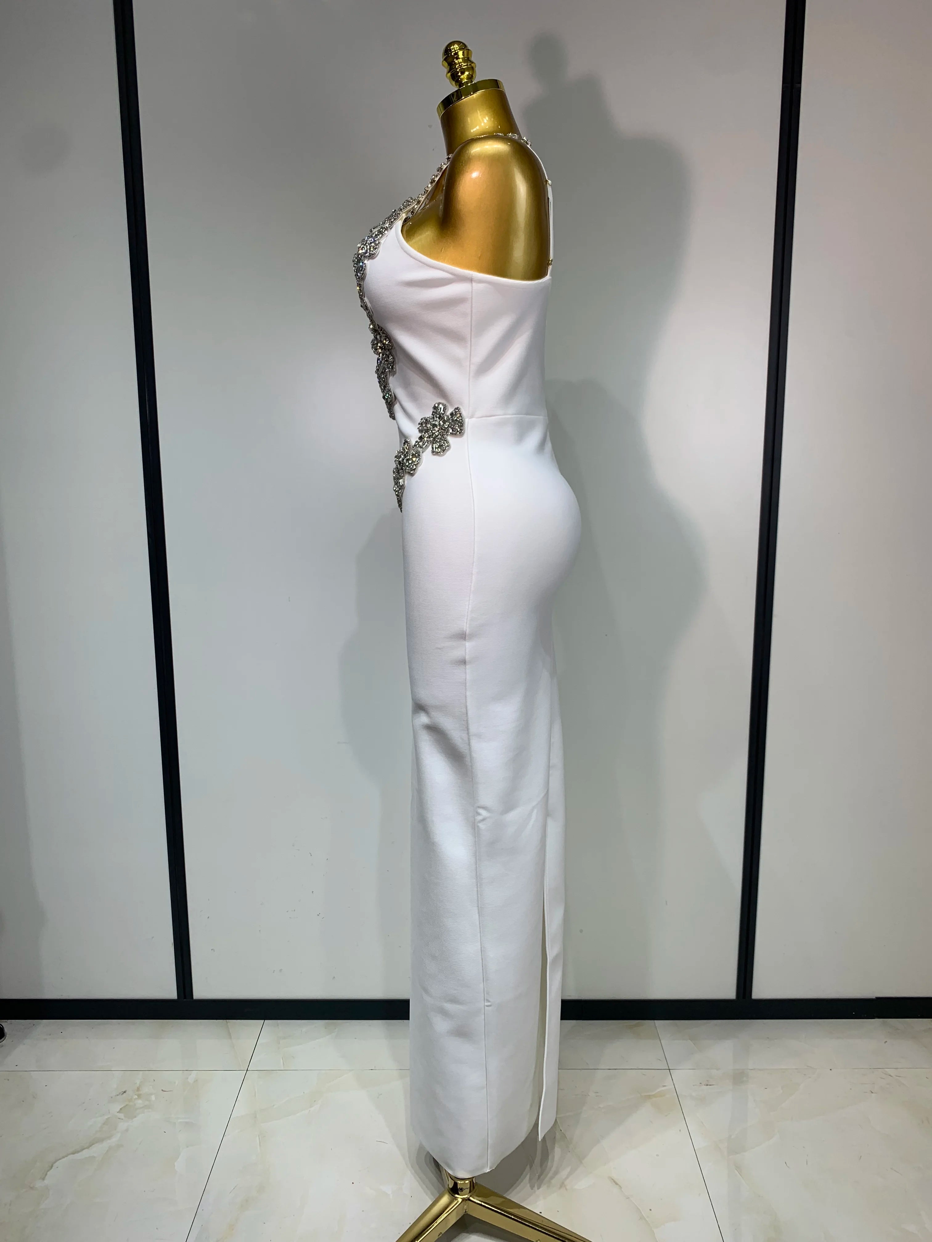 Women Sexy Shining Beading White Maxi Long Bodycon Bandage Dresses Celebrity Birthday Evening Party Elegant Knitted Clothing