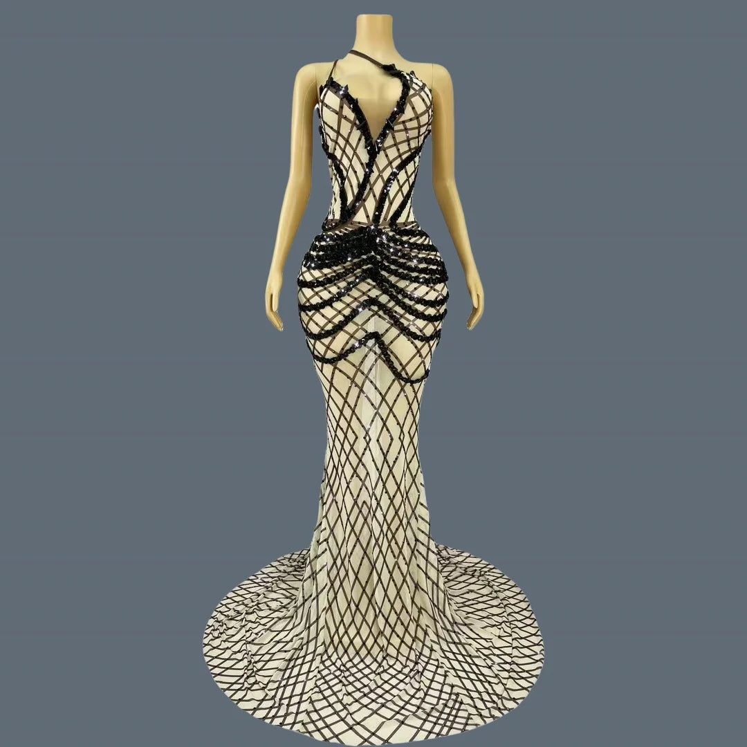 Black Sequins Grid Floor-length Dress for Women Luxury Dinners Deep V Neck Ball Dress Club Celebrate Party Strap Dress Kunsuo as shown