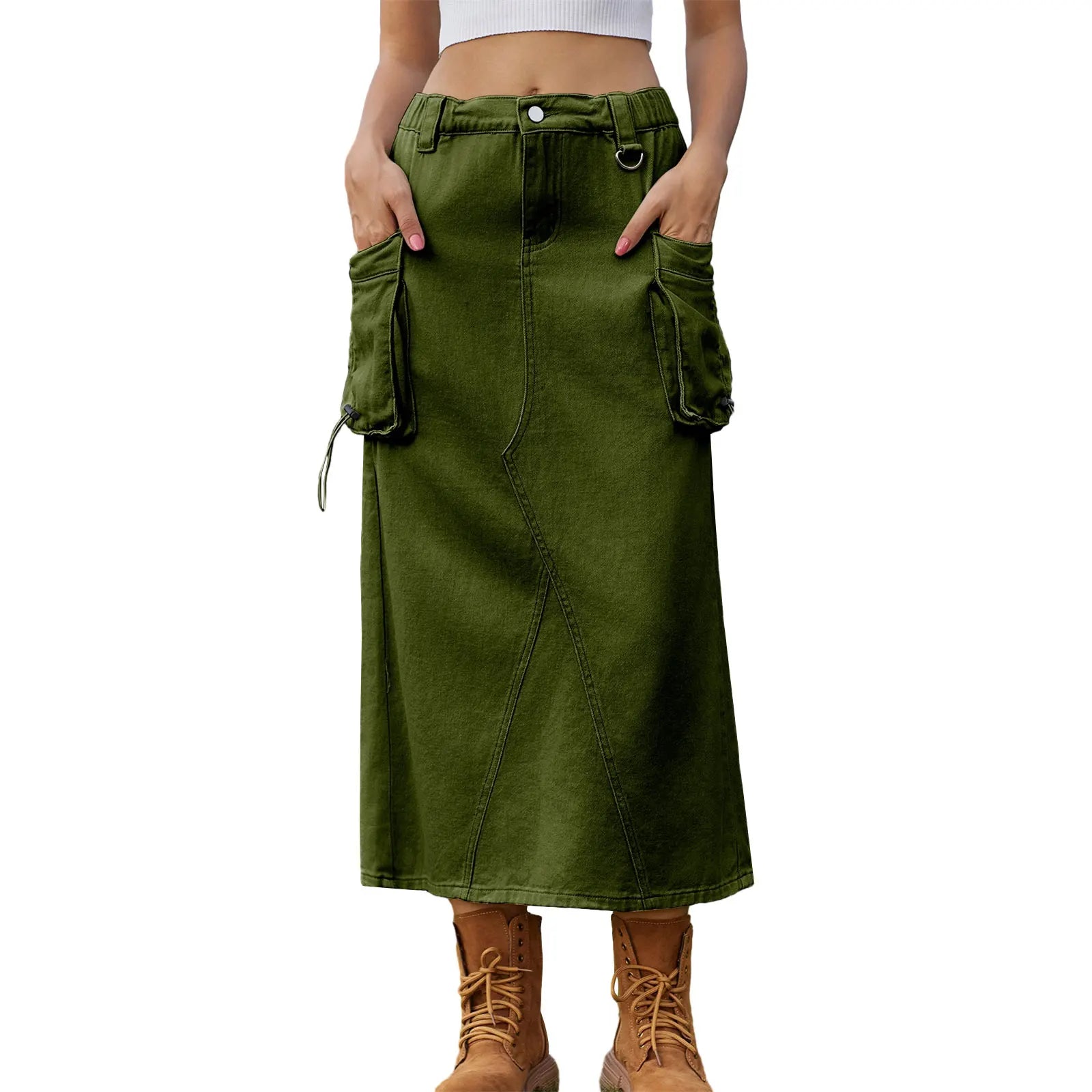 Edhomenn Women s Midi Cargo Skirt Solid Color Drawstring Denim Skirt with Pockets Y2k Long Skirt Streetwear army green