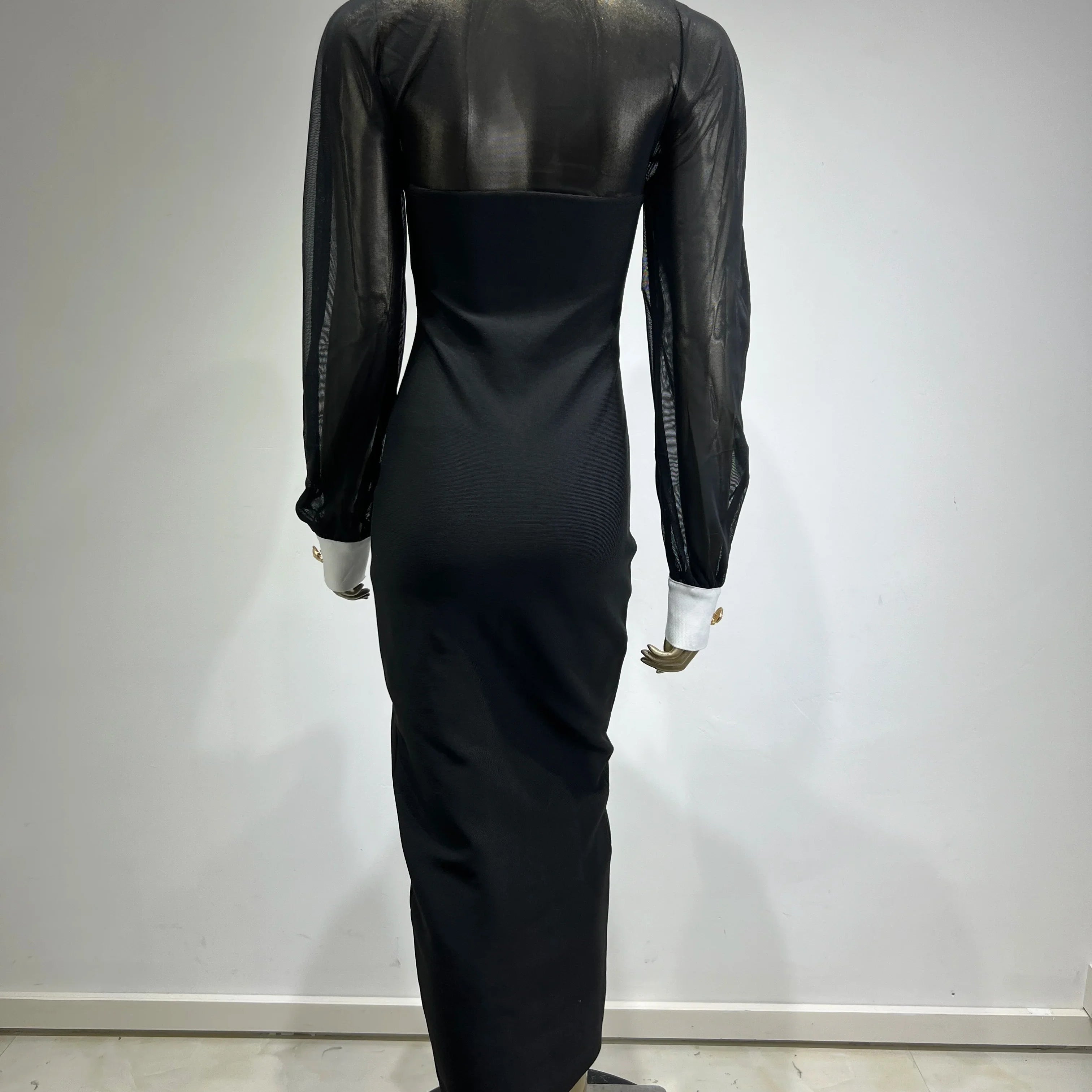 Women Bandage Celebrity Sexy Long Sleeve Mesh Black Split Long Dress Elegant Knitted Evening Club Party Dress