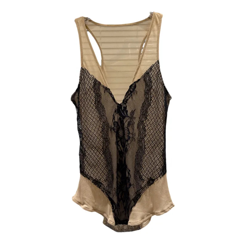 Winter New Fashion V-neck Lace Patchwork Slim Fit Mesh Camisole For Women Versatile Tank Tops Female Trend 11A07580