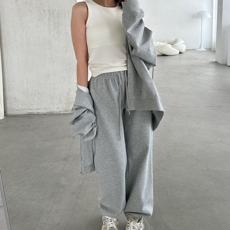 WOTWOY Causal Fleece Hooded Sweatshirts and Pants 2 Piece Sets Womens Outfits Autumn Winter Sweatpants Female Grey Pullovers