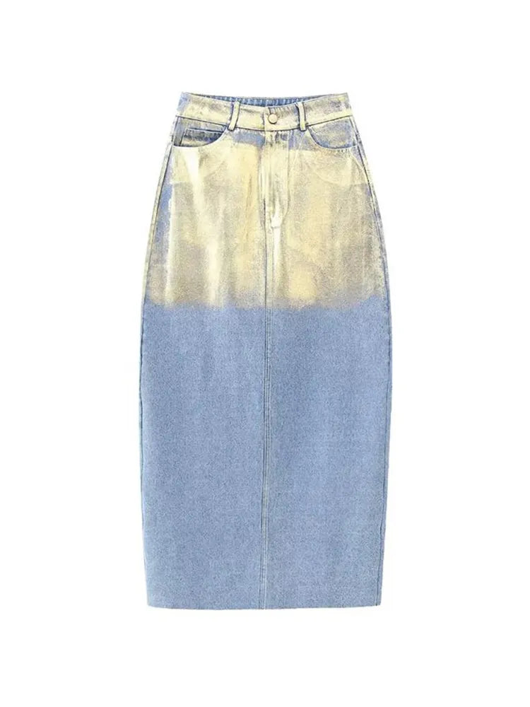 TRAF Women Autumn Winter Denim Suit 2024 Female Lapel Coat Jacket+A-Line Mid-Length Skirt Elegant Two-Piece Set