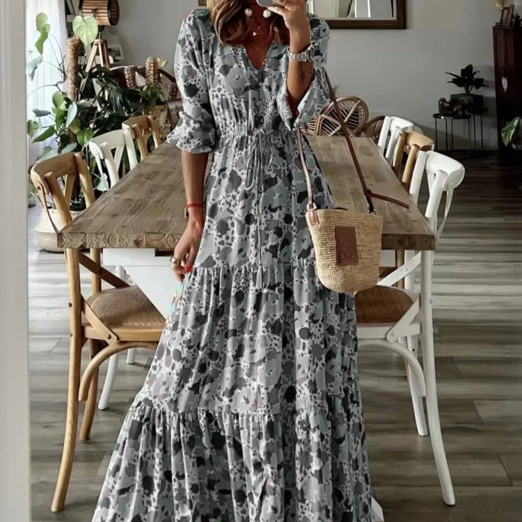 Spring Autumn Flower Print Long Dresses For Women Casual Holiday A-line Beach Dress Fashion Elegant Bohemian Style Maxi Vestidos