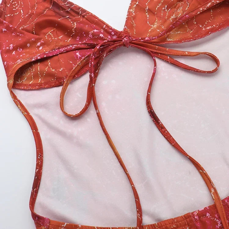 Retro Colorful Printing Sling Halter Midi Dress Fashion V Neck Slim Fit Lace Up Backless Robe Female Vocation Summer Dresses New