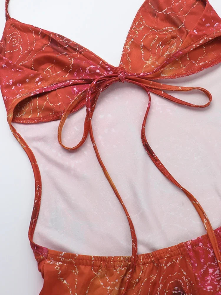 Retro Colorful Printing Sling Halter Midi Dress Fashion V Neck Slim Fit Lace Up Backless Robe Female Vocation Summer Dresses New