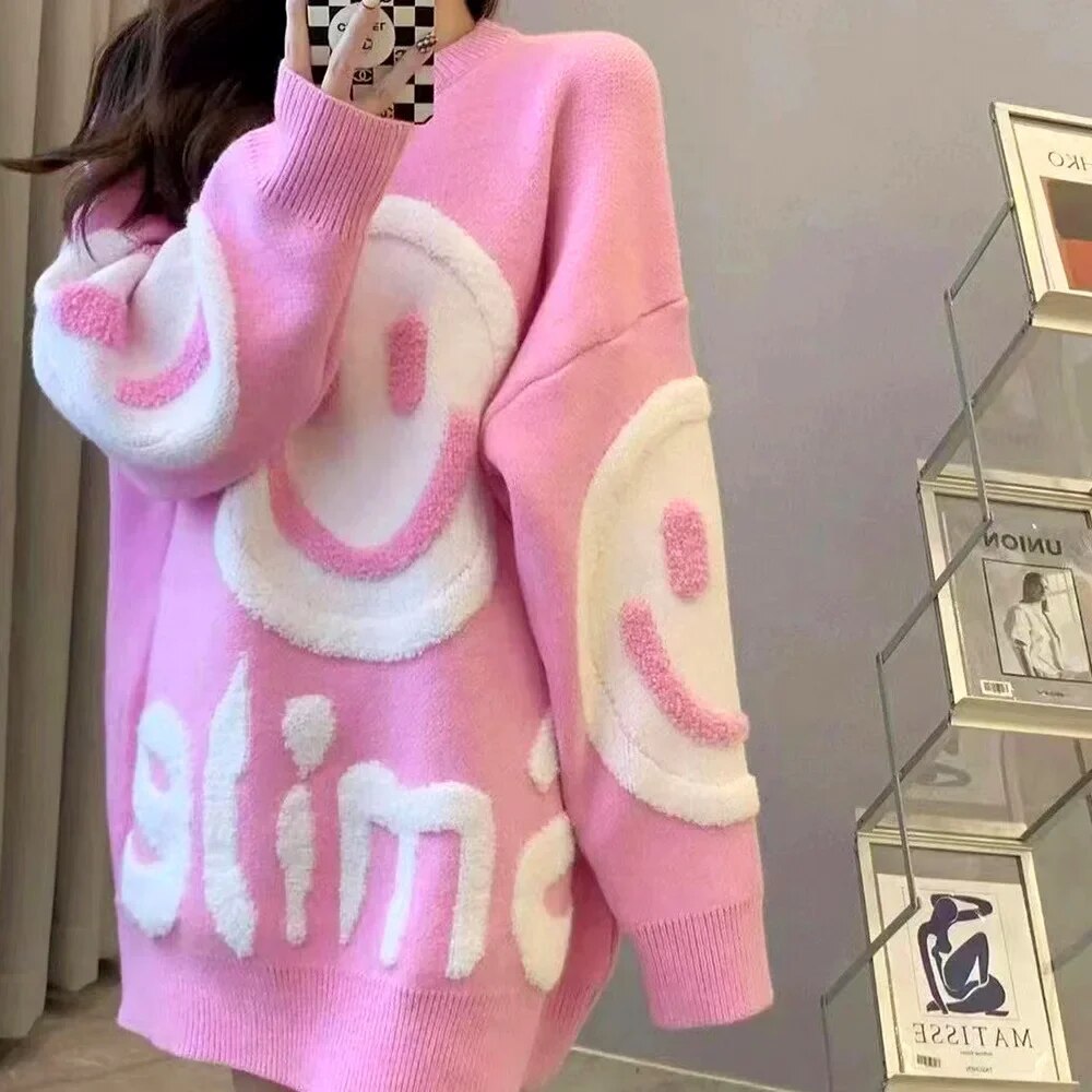 Y2k O-Neck Crochet Kintted Sweater Women Smile Loose Top E-girl Pullovers Spring Autumn Winter Jumper Sueter Streetwear pink onesize