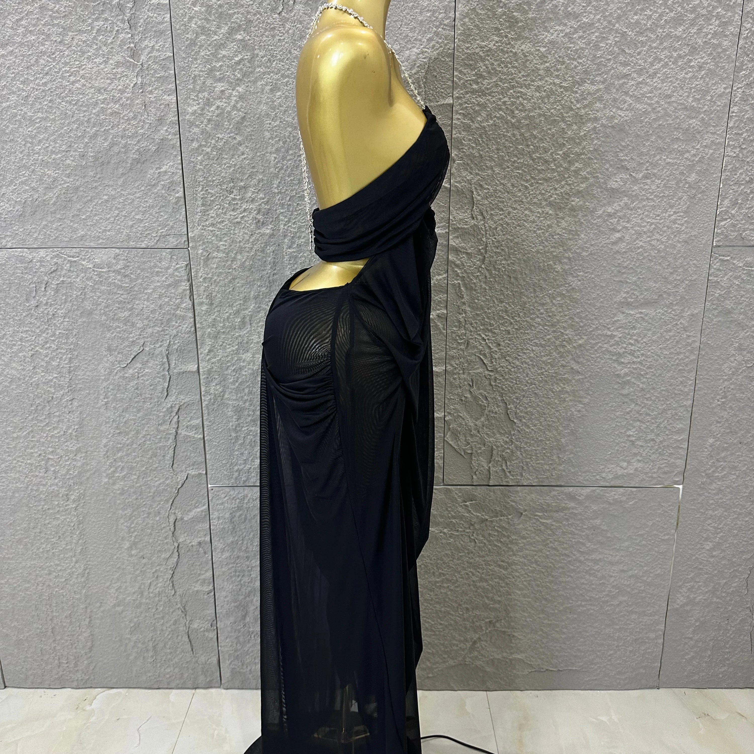 Sexy Halter Neck Maxi Dress Crystal Chain Cutout Ruched Women Sheer Mesh Form Outfit Glamorous Evening Gala Party Costume