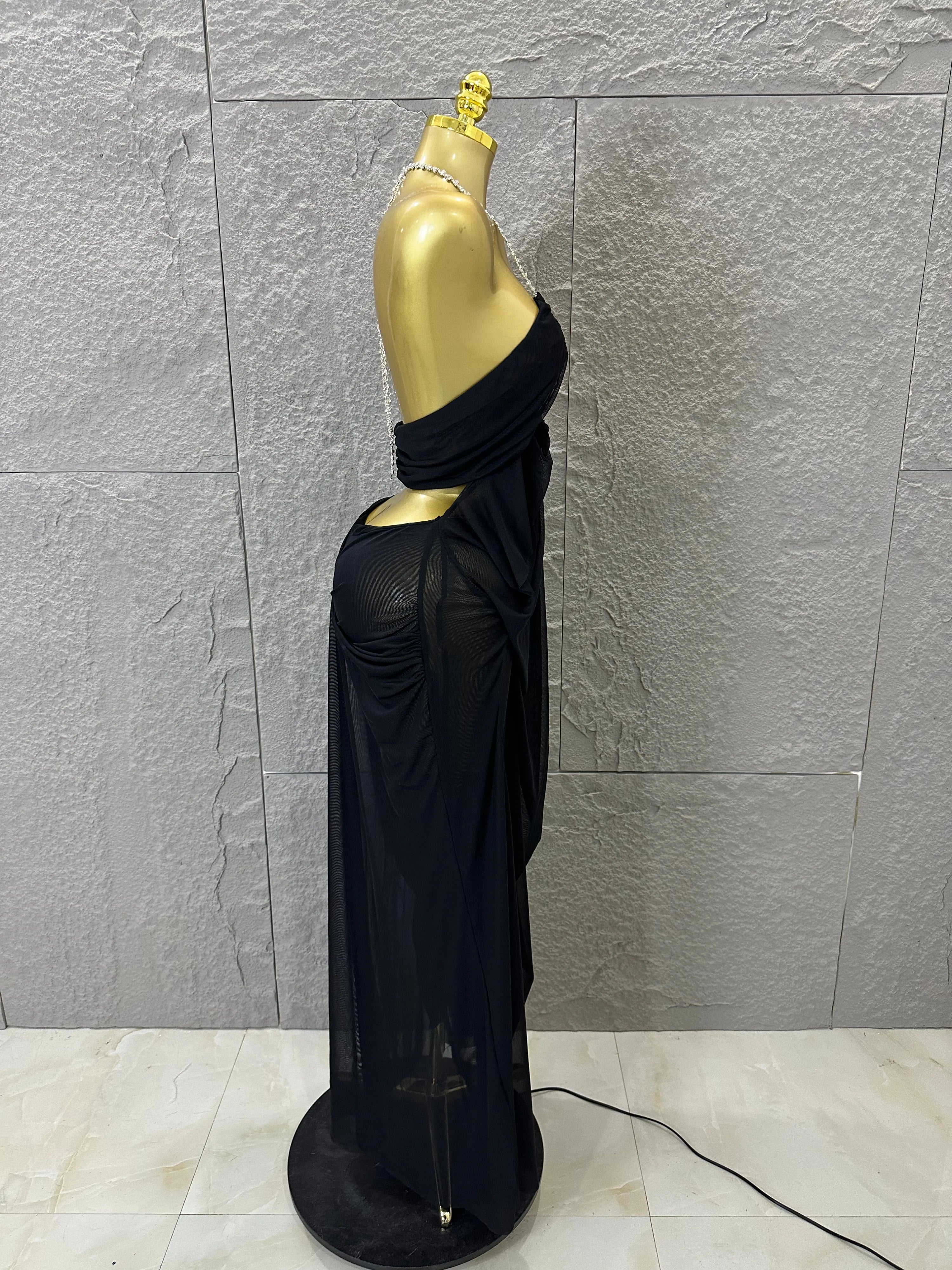 Sexy Halter Neck Maxi Dress Crystal Chain Cutout Ruched Women Sheer Mesh Form Outfit Glamorous Evening Gala Party Costume
