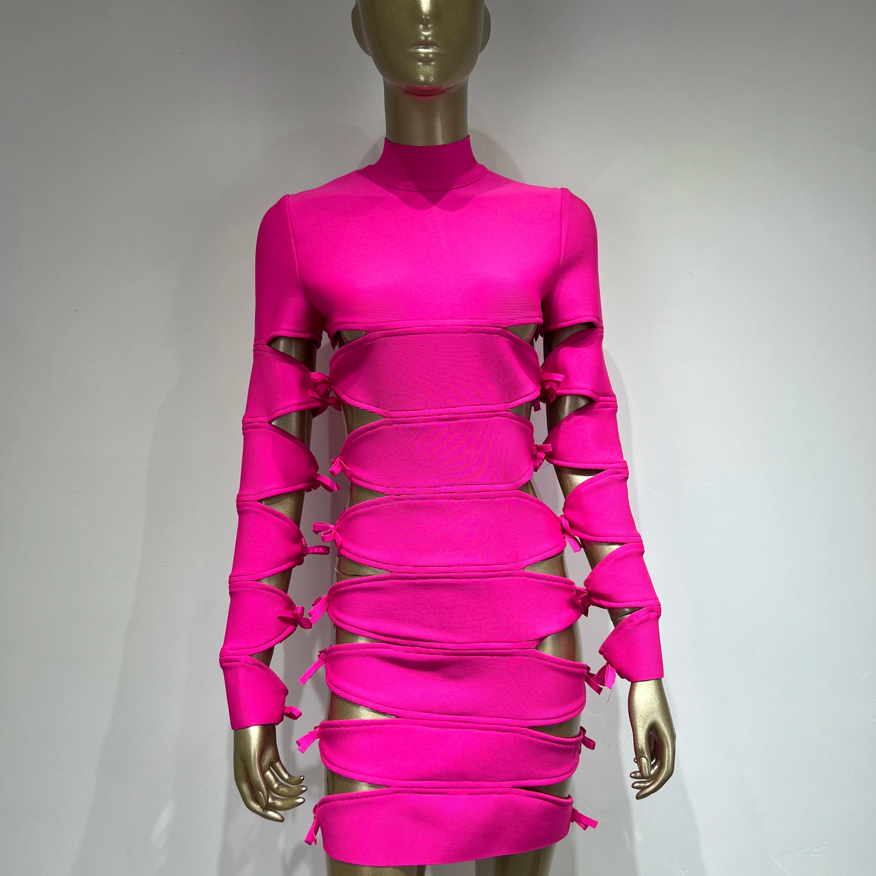 Autumn Fashion Women Sexy Long Sleeve Hollow Out Pink Bow Tie Mini Bandage Dress 2023 Elegant Evening Club Party Dress