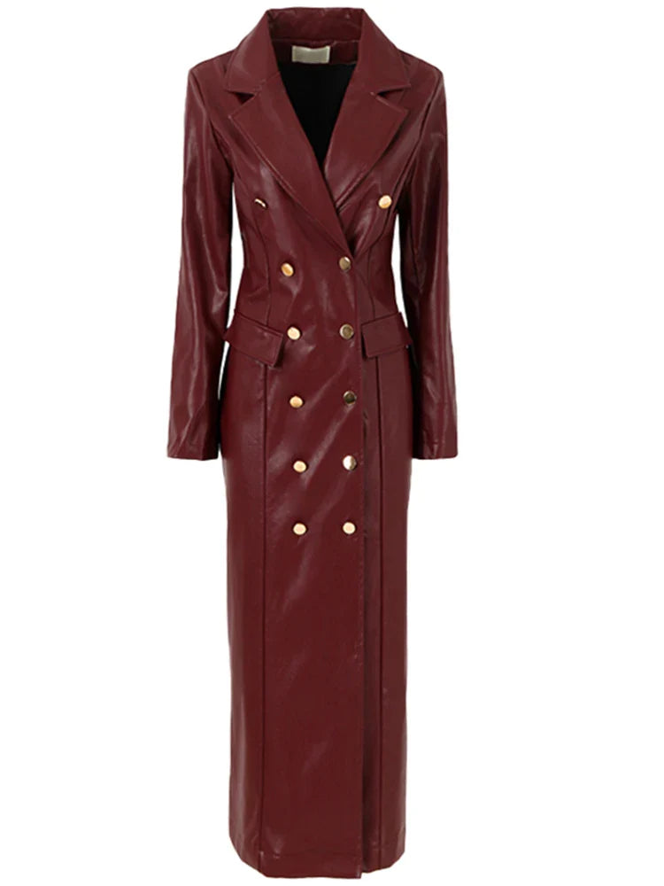 Spring Autumn Extra Long Black Faux Leather Trench Coat for Women Double Breasted Luxury Elegant British Fashion 2022 Red wine