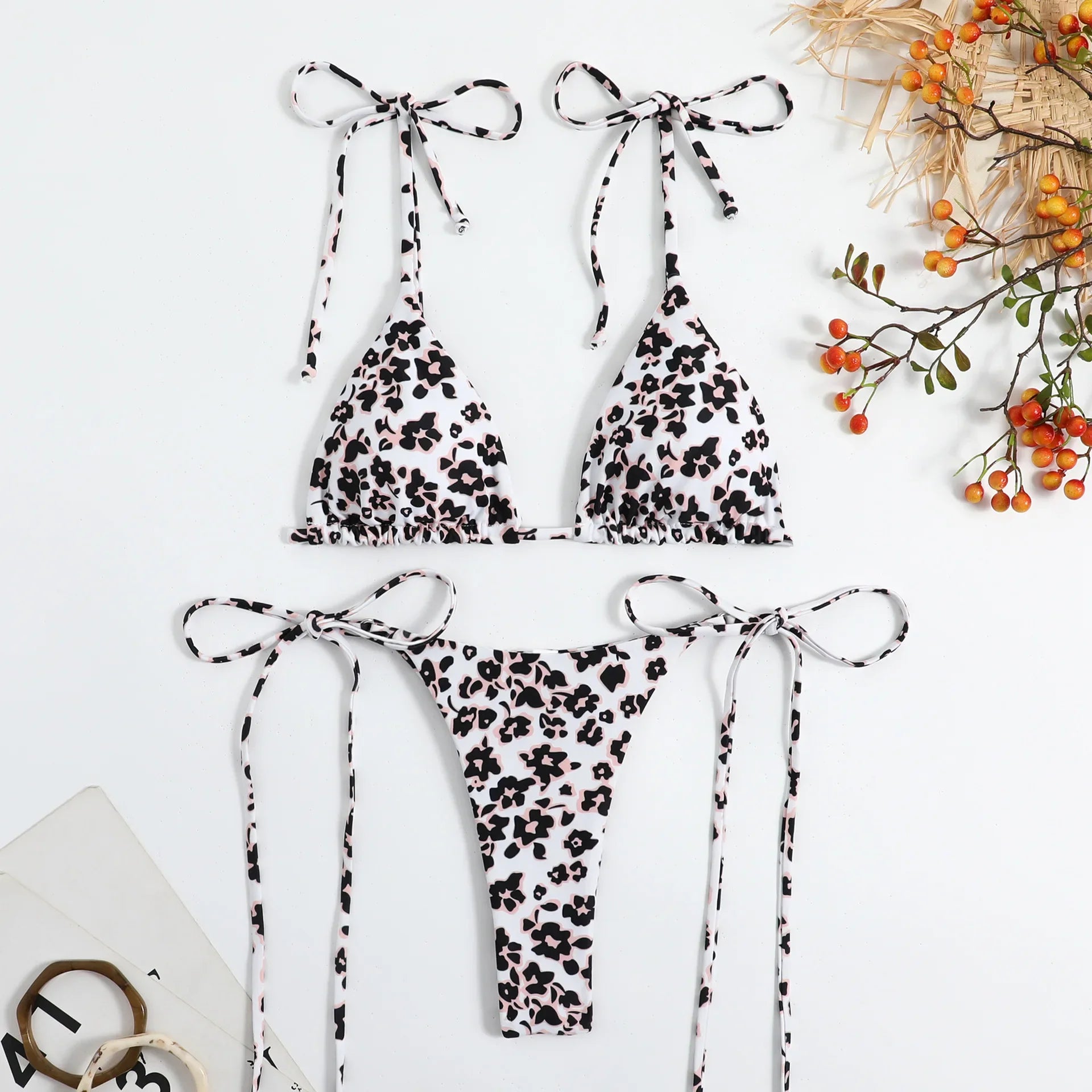 Sexy Flower Print Bikini 3 Women Swimsuit Female Swimwear Thong Bikinis Set Brazilian Halter Beach Wear Bathing Suit White