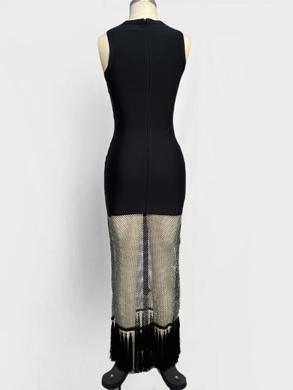 Black tassels Evening Party bandage Long Dresses Elegant Sleeveless Diamond Mesh Patchwork Maxi Dress Women 2025 Summer Vestidos