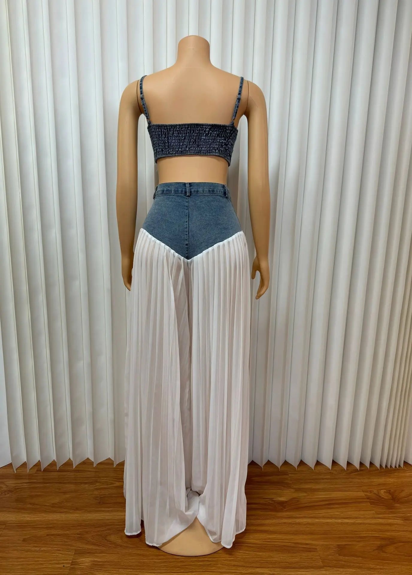 Fashion Denim Chiffon Women's Set Strapless Crop Top and Jeans Pants Suits 2025 Sexy Party Club Two 2 Piece Set Outfits