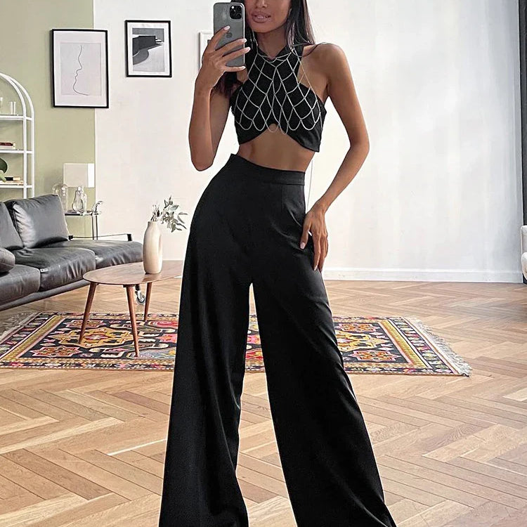 Mnealways18 Fashion Classy Women Palazzo Pants High Waist Floor-Length Satin Trousers Spring Summer High Street Baggy Pants