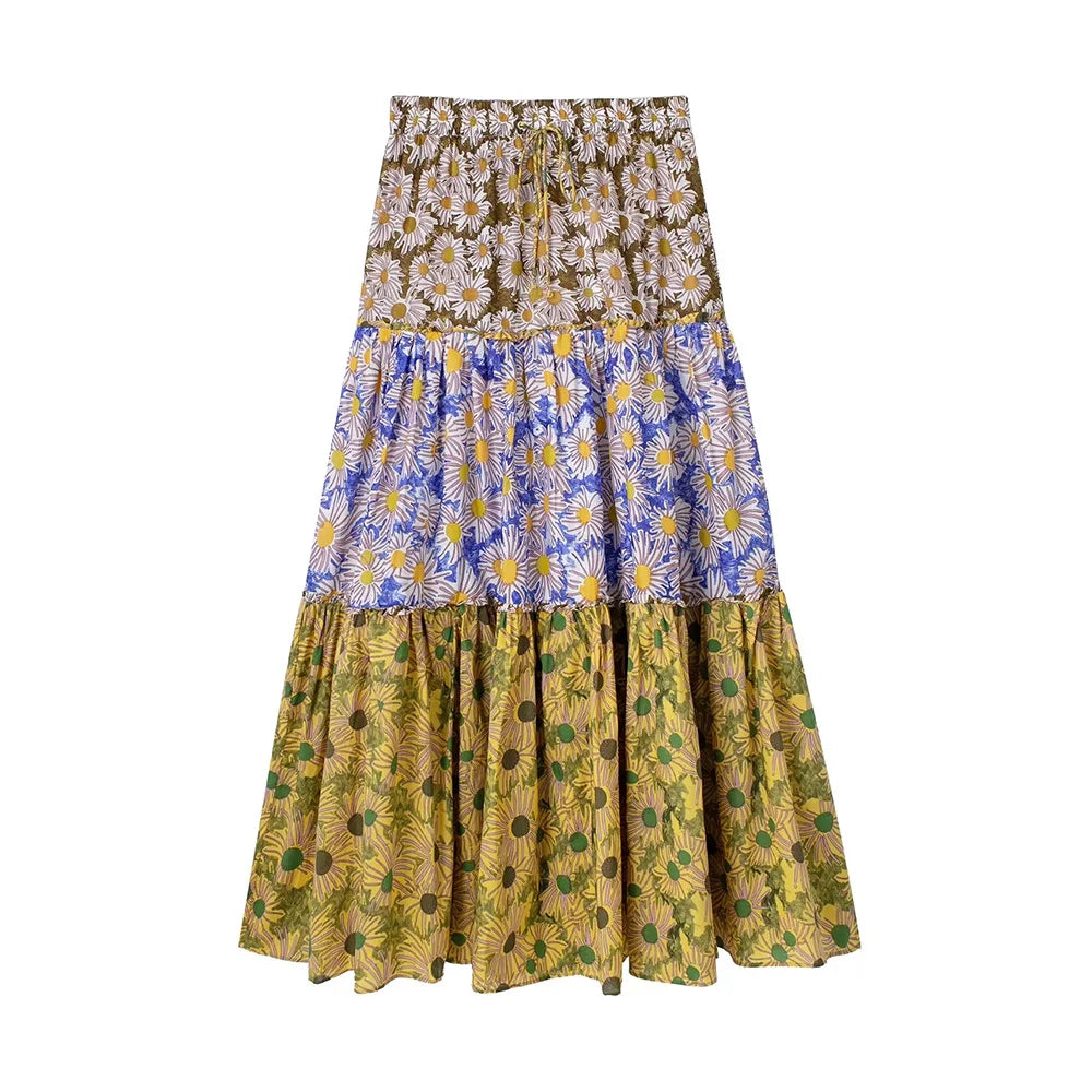 TRAF Women Fashion Printed Pleated Midi Skirt Vintage High Elastic Waist With Drawstrings Female Skirts Mujer casual clothes