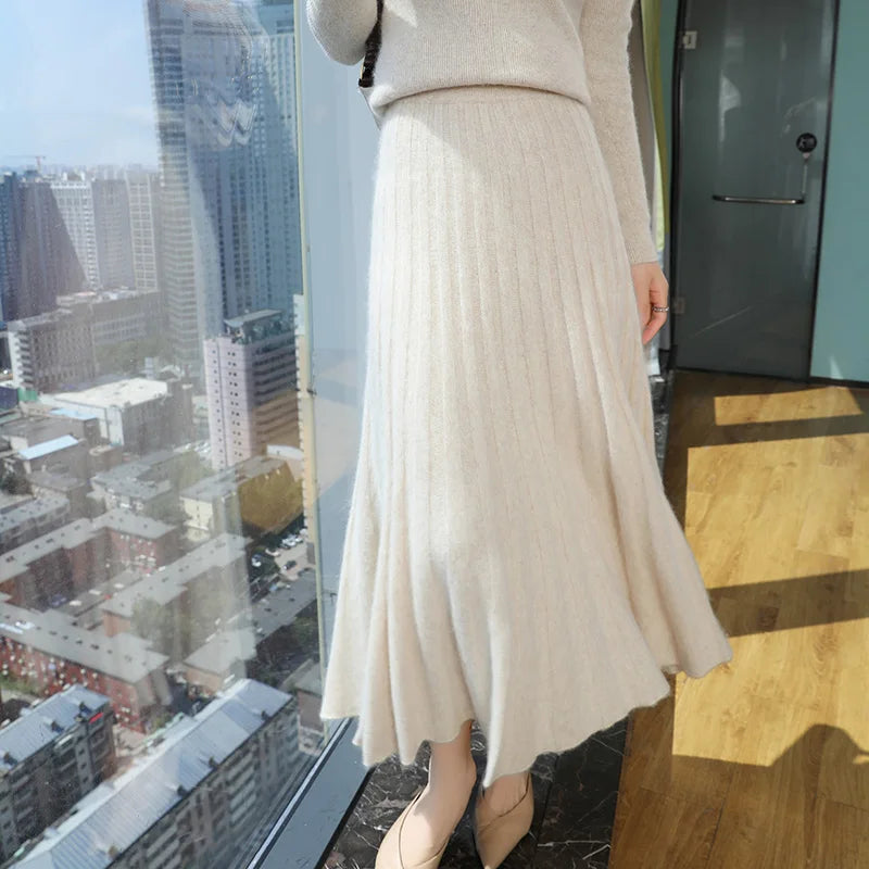 Autumn And Winter Fashion Mink Cashmere Mid Length High Waist Skirt For Women, Knitted Umbrella Skirt, Fashionable Pleated Skirt Beige