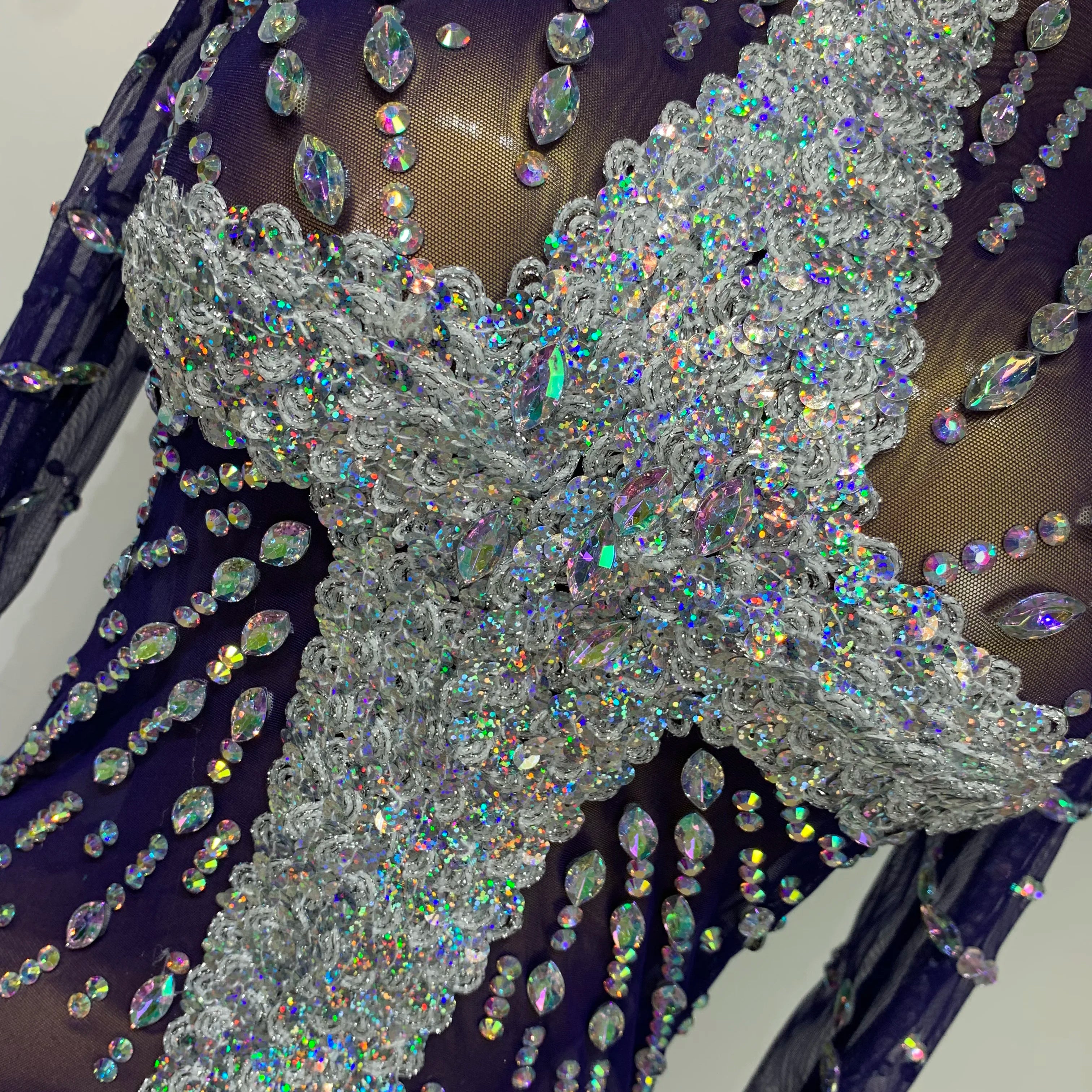 Sparkly Diamonds Mesh See Through Long Sleeves Mini Dress Women Eveing Birthday Party Sexy Nightclub Bar Singer Stage Costume