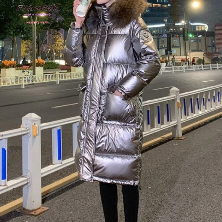 Woman Winter Parkas New Glossy Wash Free Down Cotton Jacket Below The Knees Long Style Hooded Fur Collar Thicken Women's Coat