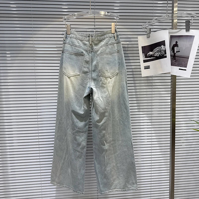 Autumn Winter New Heavy Industry Cartoon Rhinestone Embroidery Jeans For Women Straight Wide-leg Denim Pant 11A07802