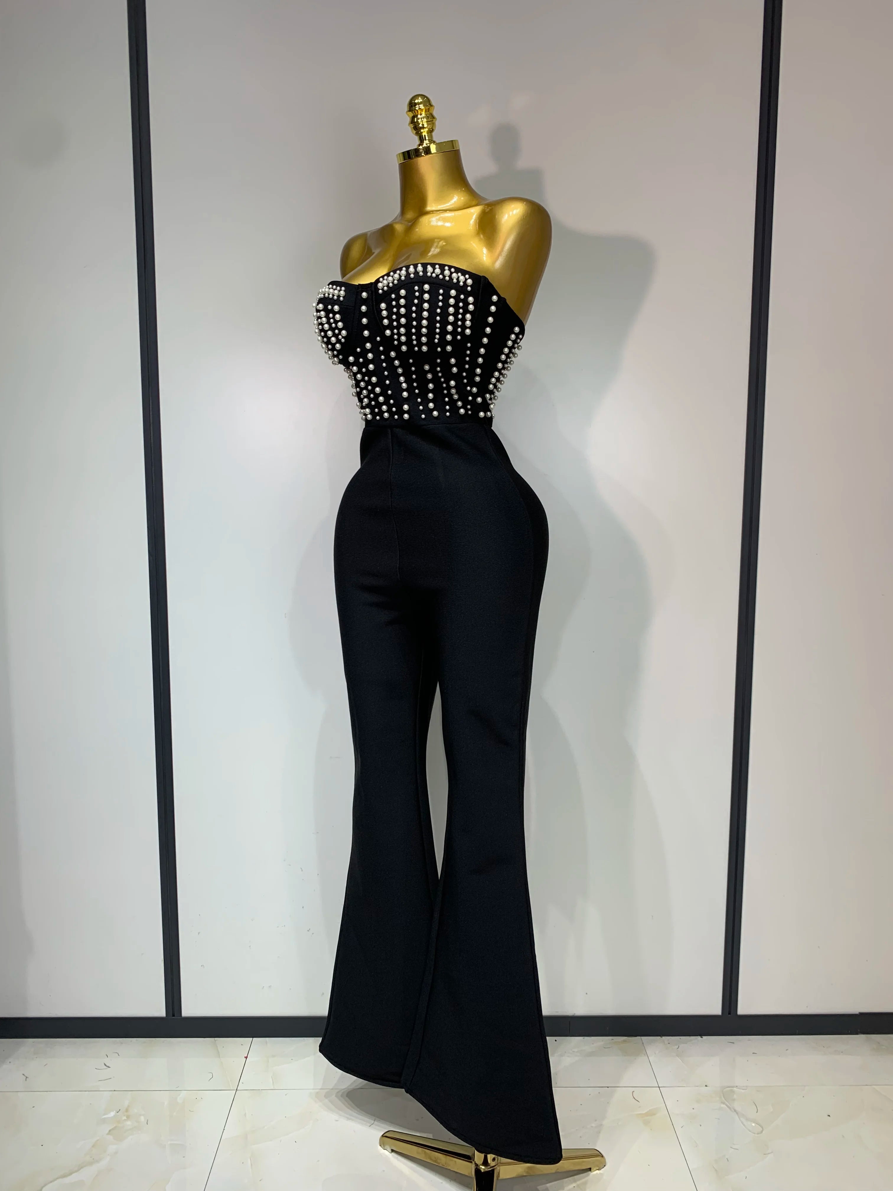 Women Sexy Black Sleeveless Backless Pearls Beaded StraplessBeading Bodycon Bandage Jumpsuit Evening Party Birthday Club Outfit