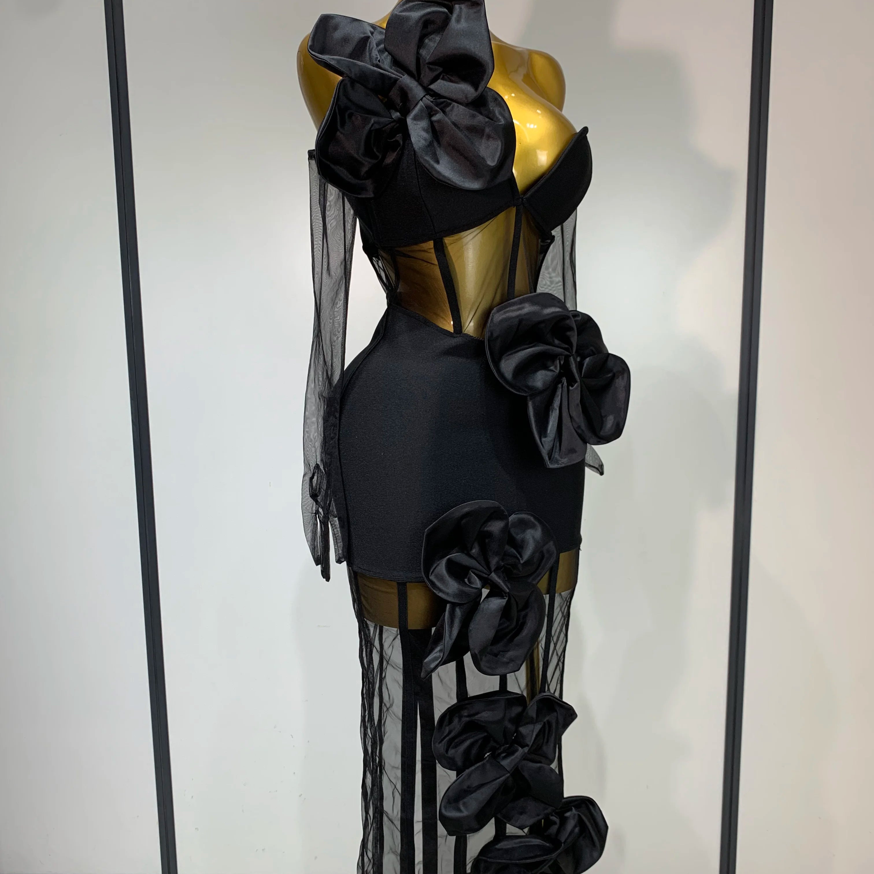 Women Sexy One Shoulder Bow Mesh See Through Bandage Bodycon Dress With Gloves Black Sleeveless Elegant Party Birthday Dresses