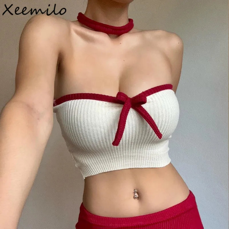 Y2K Patchwork Color Bow Stitching Tank Top Sexy Strapless Off Off Shoulder Backless Crop Tops Hot Sweet Slim Camis 2024