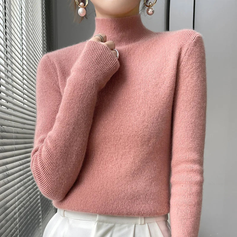 2022 Autumn and Winter Women's Cashmere Sweater Pullover Half Turtleneck Casual Fashion Pure Color Warmth Comfort Skin pink