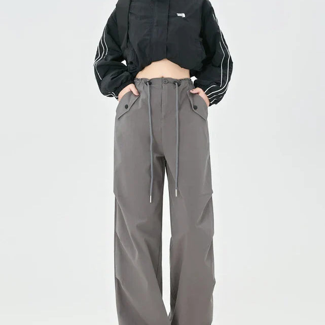 Women's High Street Casual Overalls 2000S Solid Color Loose Wide Leg Pants American Retro Punk Y2k Drawstring Cargo Pants GRAY