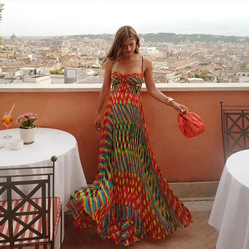 Print Contrasting Sling Maxi Dresses For Women Beach Colorful Sleeveless Backless Loose Dress Lady Summer Vacation Vestidos print