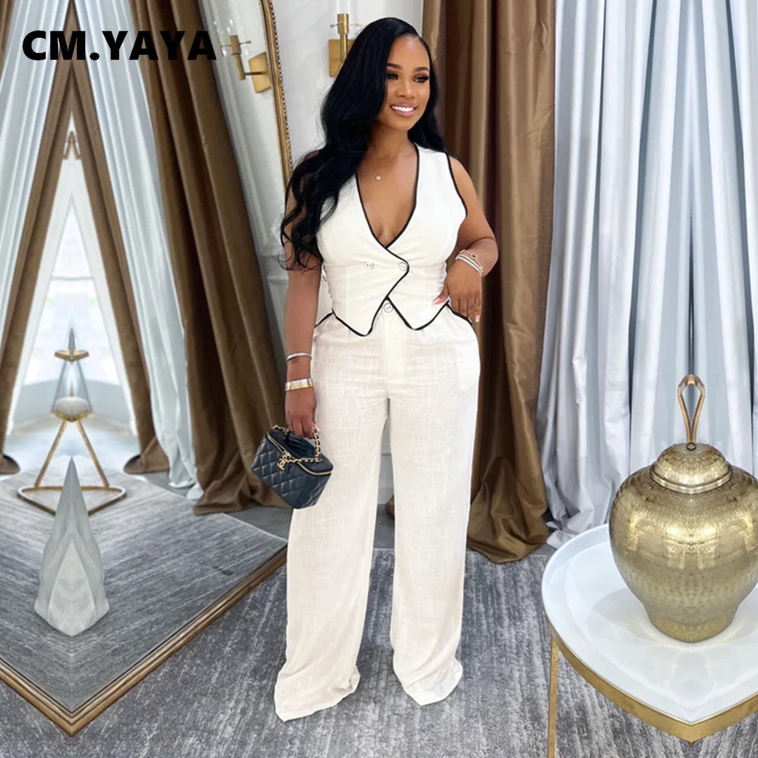 Fashion Women's Set Strapless Vest Tops and Wide Leg Pants Suit 2025 Summer Street Two 2Piece Sets Outfit Tracksuit WHITE