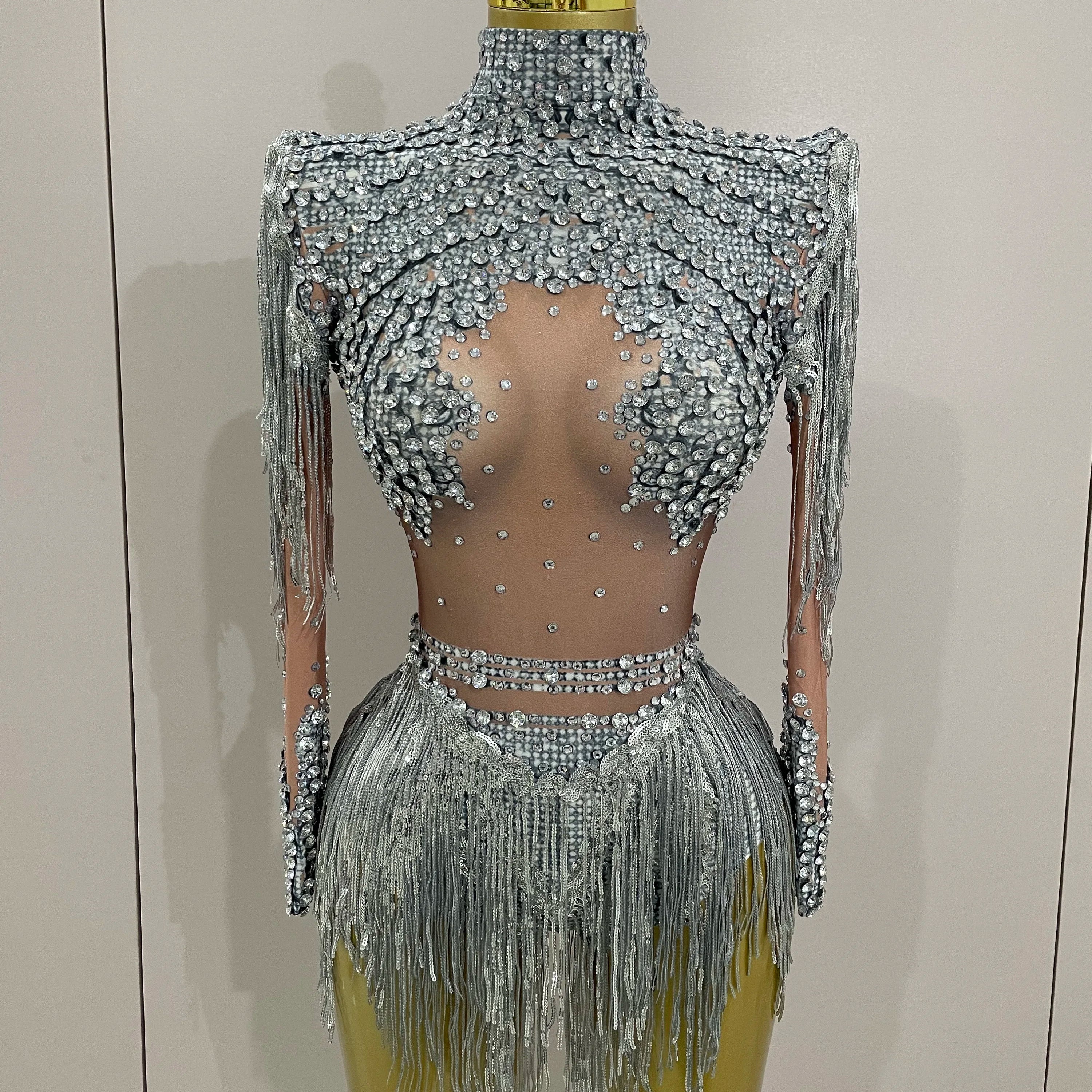 Women Sparkly Rhinestone Sequin Tassel Stretch Bodysuits 2025 Birthday Party Nightclub Dj Stage Performance Costume Silver