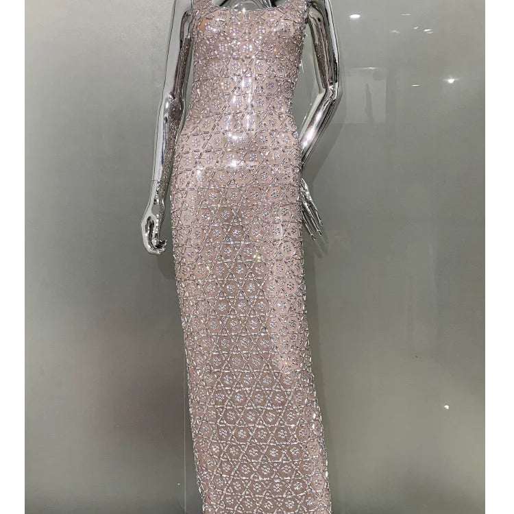 2024 Super Shining Diamonds Sexy Mesh See Through Bodycon Long Dress Fashion Woman Evening Party Dress Stage Performance Costume As Picture