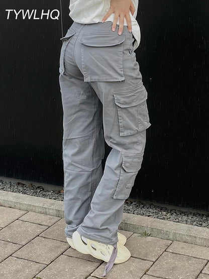 Pantalon Cargo Vintage Baggy Jeans pour femmes, mode Streetwear des années 90, poches, jambes larges, taille haute, pantalon droit en Denim Y2k 