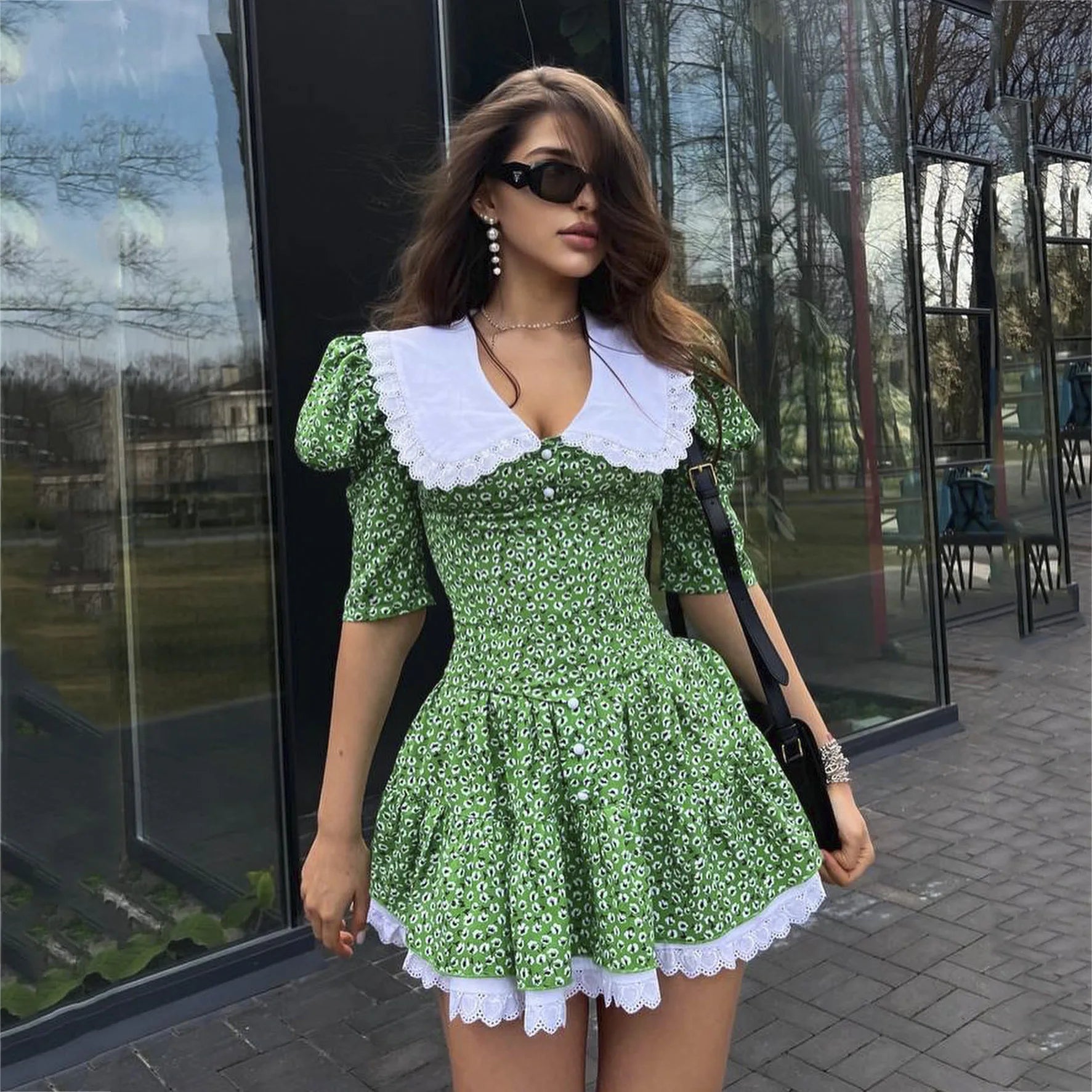 Women's Clothing Summer Doll Collar Floral Short Sleeve Dress Slim Fit Waist Tutu Skirt Lace Club Party Dress Vestidos