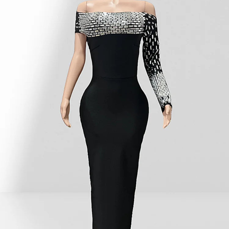 Spacial Design Luxury Diamonds Sexy Off The Shoulder Black Ankle Length Bandage Dress Woman Party Vestido Birthday Party Outfit