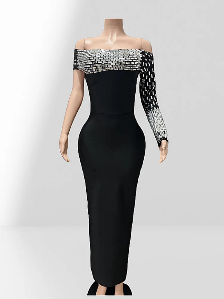 Spacial Design Luxury Diamonds Sexy Off The Shoulder Black Ankle Length Bandage Dress Woman Party Vestido Birthday Party Outfit