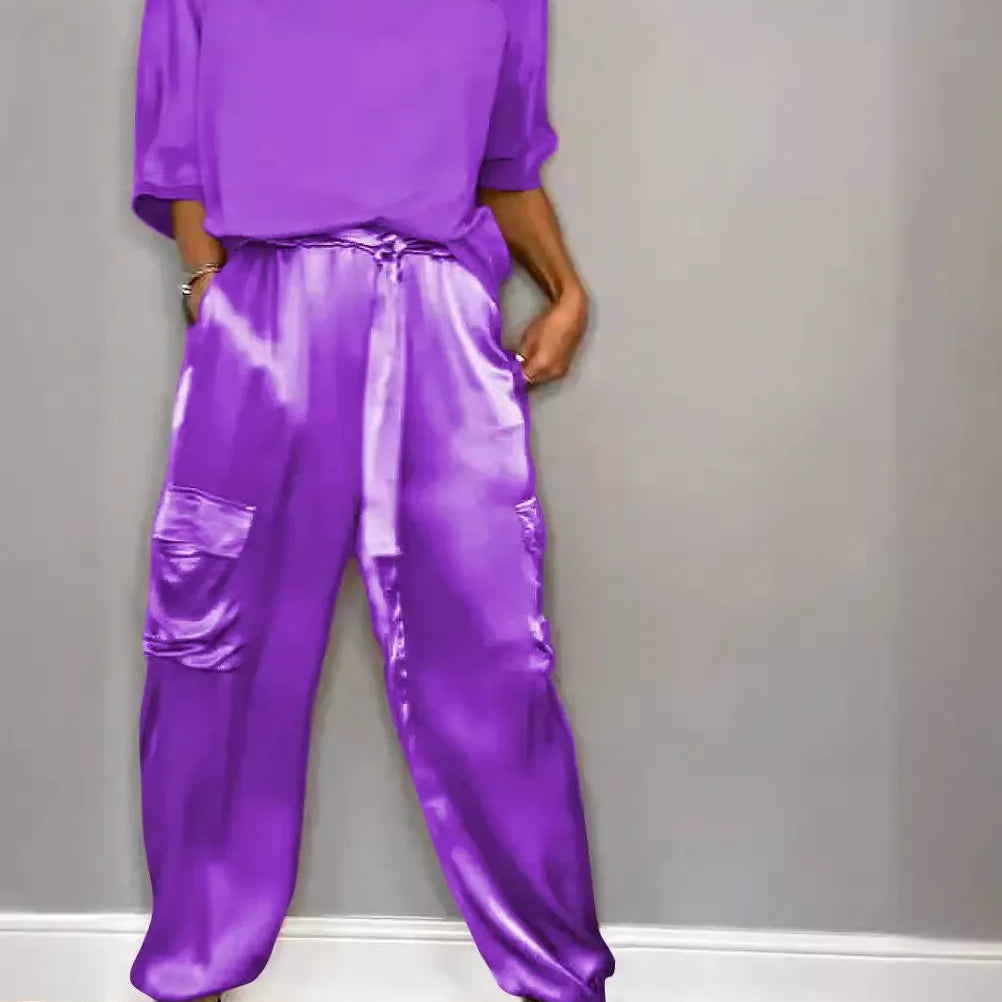 Summer Satin 2 Piece Set Women Casual Solid Color 2 Piece Outfit Half Sleeve Tops Loose Fit Pants Suit Two Piece Sets Purple
