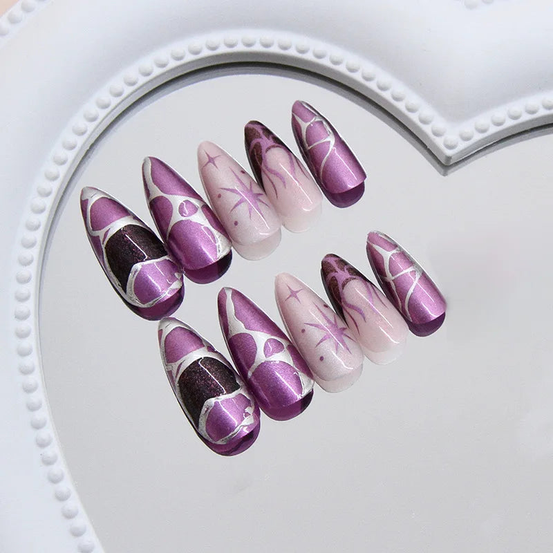 24pcs Punk Purple Press on Nails Star Moon Print y2k Style False Nails for Girl Wearable Reusable European Almond Fake Nail Tips